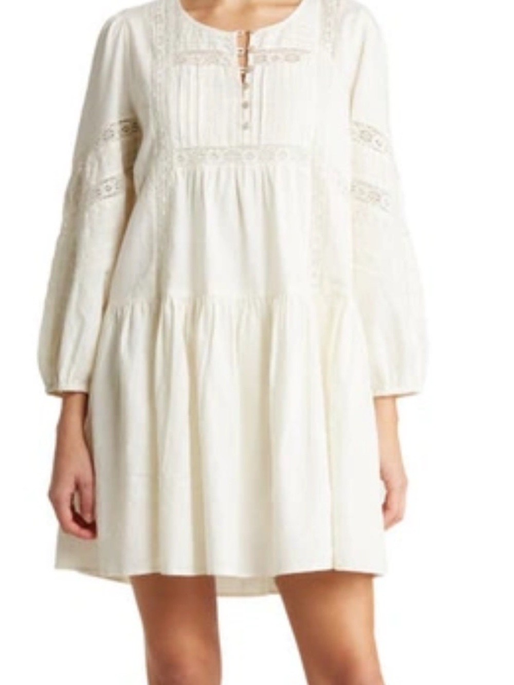 Lucky Brand Cream Lace-Trim Long Sleeve Mini Dress
